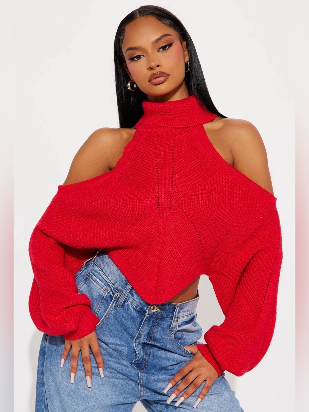 Fashion Nova Red Cold-Shoulder Turtleneck Crop Sweater